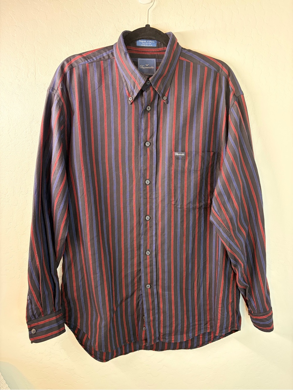 Faconnable Men's Button-Down Shirt in Black, Red, Blue Stripes 0079